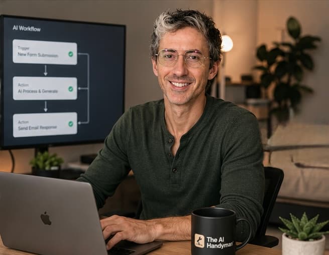 Tim, the AI Handyman, working at his laptop with an AI automation workflow shown on the screen behind him.